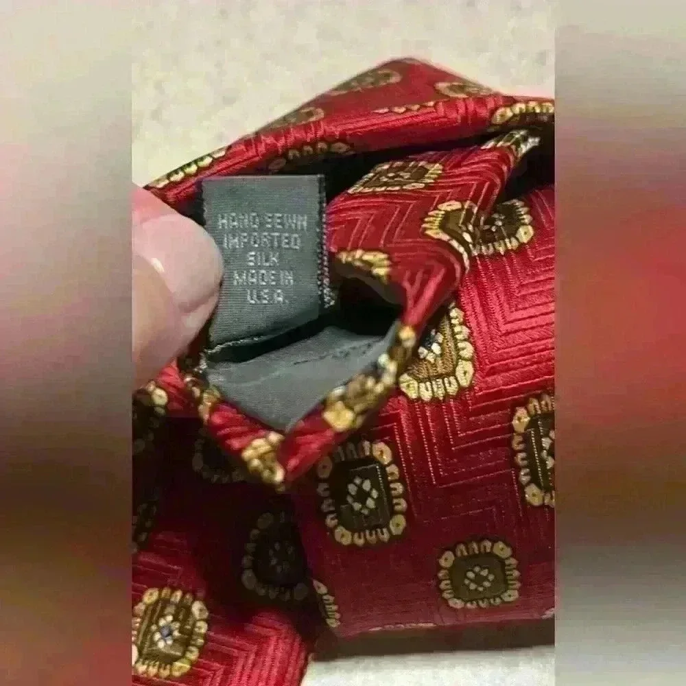 Robert Talbott Silk Necktie Red  Gold Square Print Handsewn - Picture 7 of 8